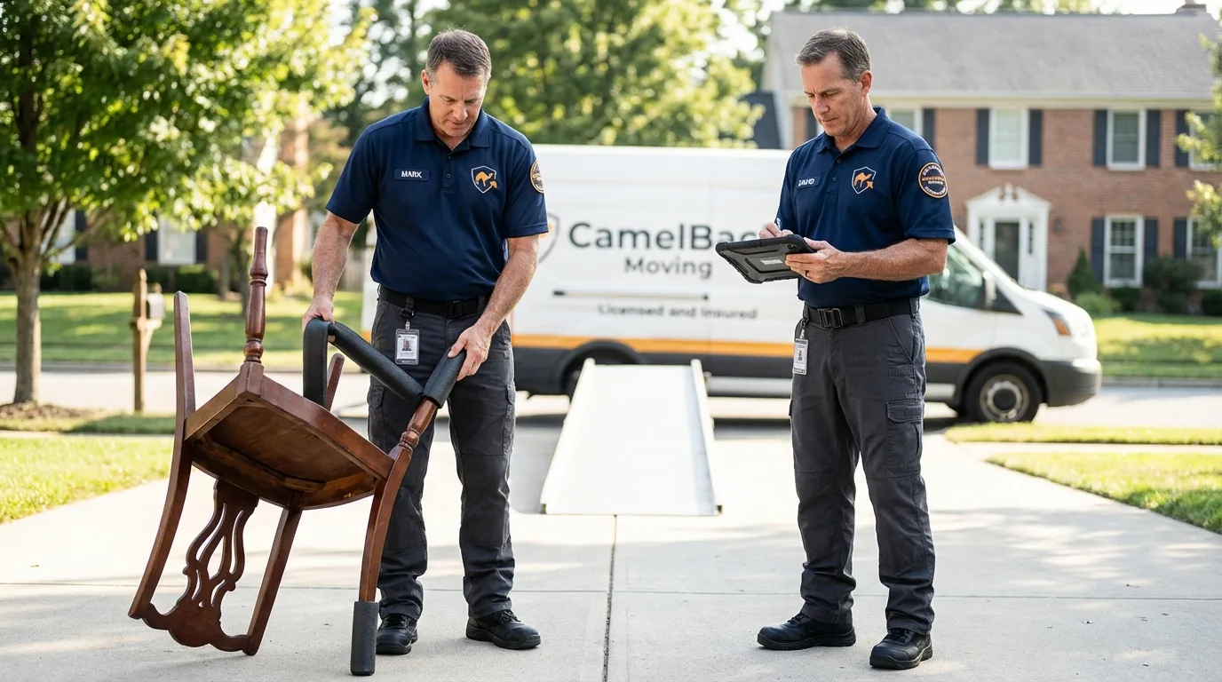 Movers inspecting furniture for damage prevention before loading in Hollidaysburg, PA