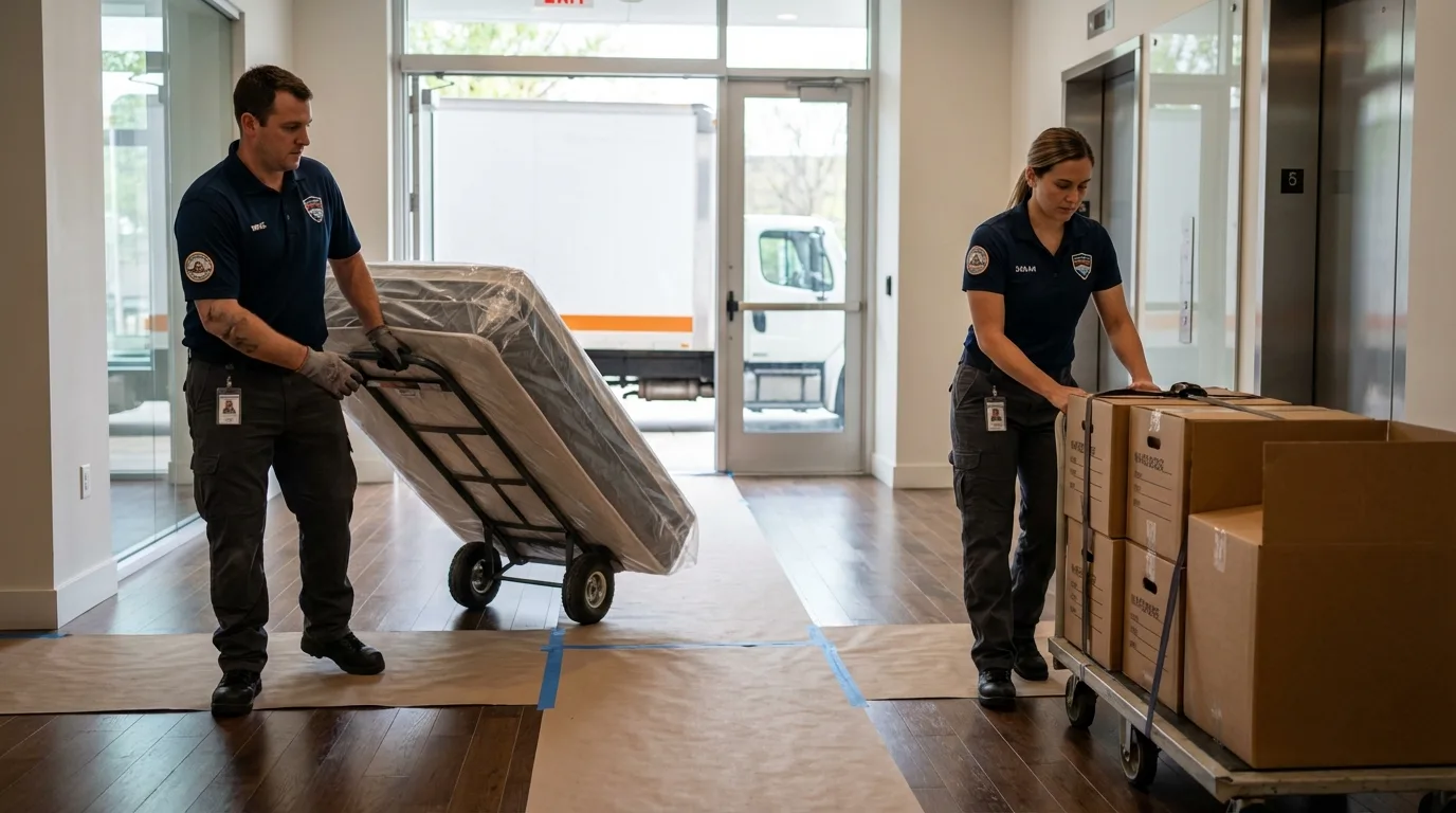 Professional apartment movers loading elevator in Hollidaysburg, PA