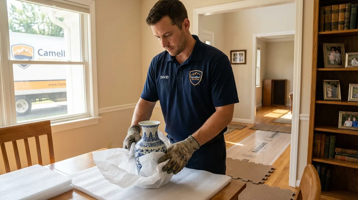 Professional crew carefully wrapping antique vase for senior downsizing move in Hollidaysburg, PA